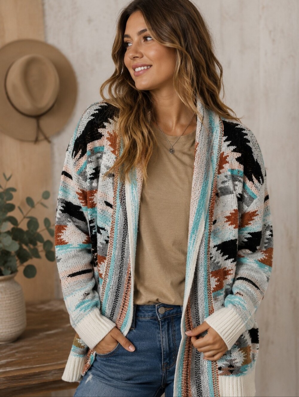 Tribal Patterned Open Front Cardigan Sweater overized